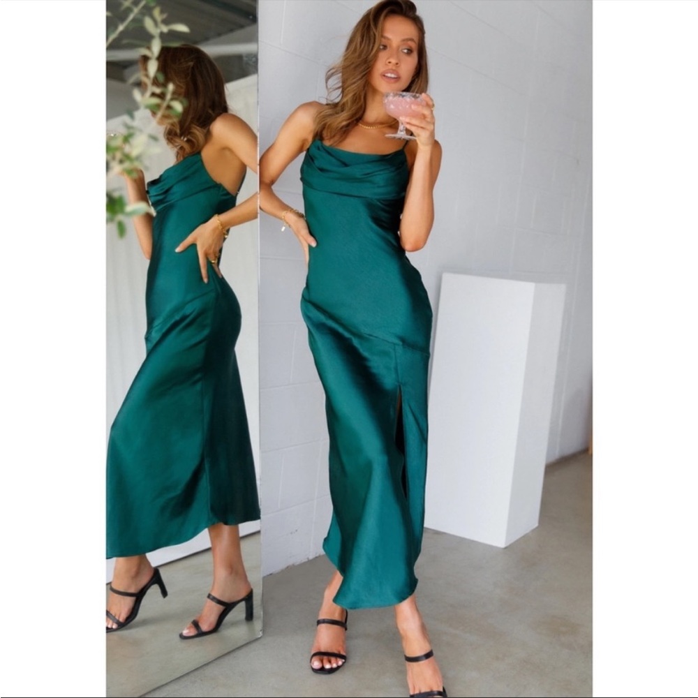 Emerald Green Satin Cowl Neck Midi Dress
